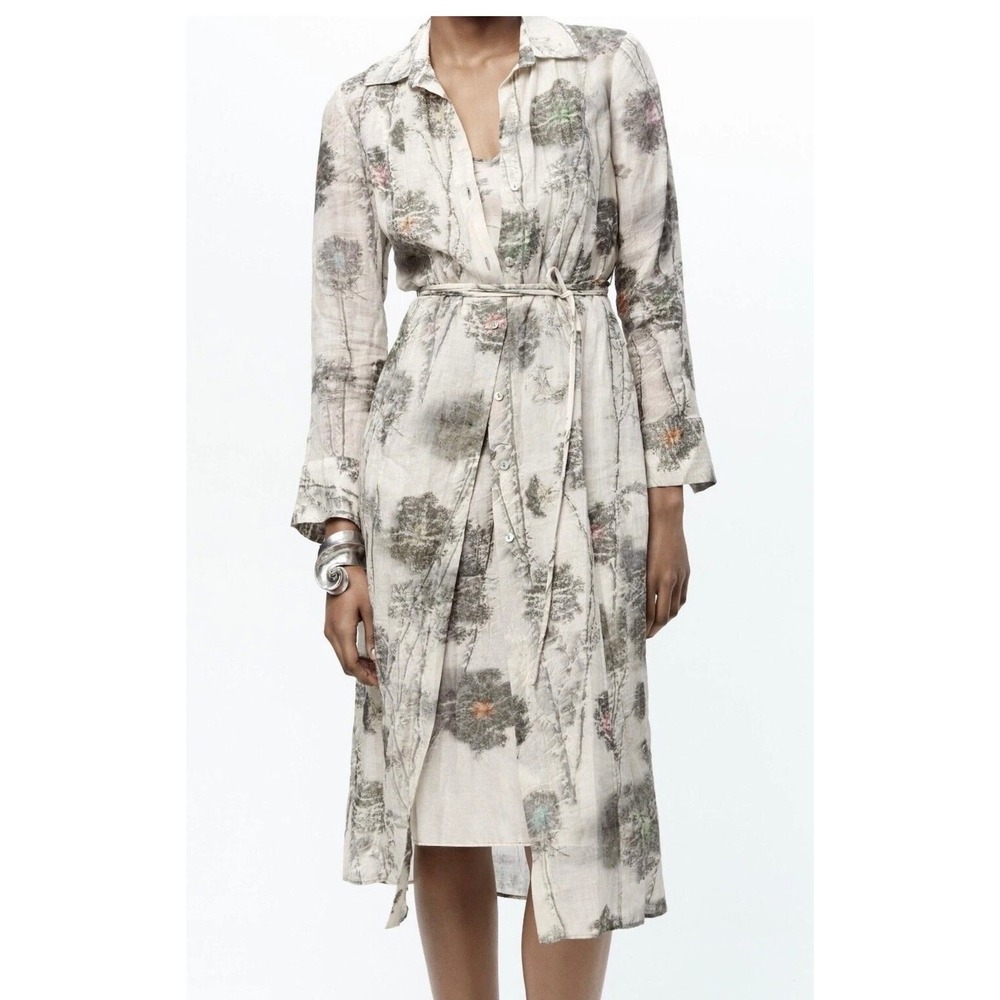 Zara 100% Ramie Landscape Tree Print Shirt Dress with Slip Grey Green Small